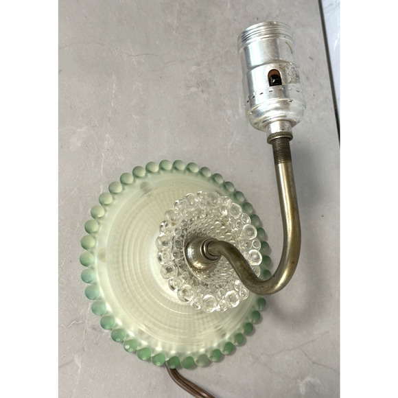 Vintage 1930s Art Deco Green Frosted Glass Wall Sconce Hobnail Beaded Backplate - Picture 2 of 12